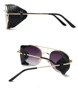 Detailed side and back views of steampunk sunglasses with golden metal frame and leather side shields