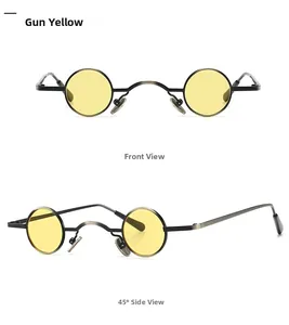 Front and 45 degree side view of gunmetal retro steampunk round sunglasses with yellow lens