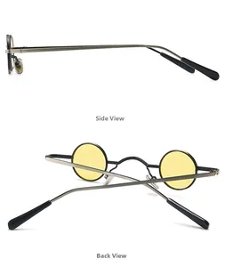 Side and back views of retro steampunk sunglasses with round yellow lenses and metal frames