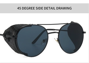 Steampunk sunglasses close-up featuring black metal frames and snake skin side shields