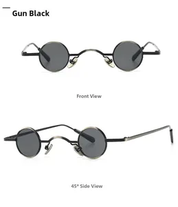 Front and 45-degree side view of vintage round steampunk sunglasses in gun black metal