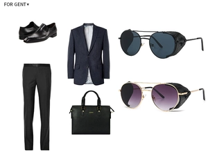 Flat lay of steampunk sunglasses with side shields, black suit, and leather briefcase