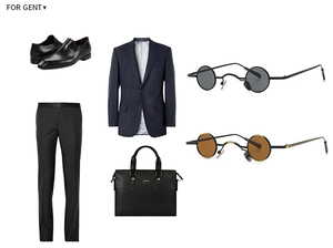 Flat lay of steampunk round sunglasses paired with a navy striped business suit set