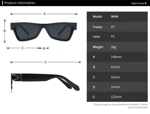 Size chart for vintage cat eye sunglasses showing dimensions and technical specifications