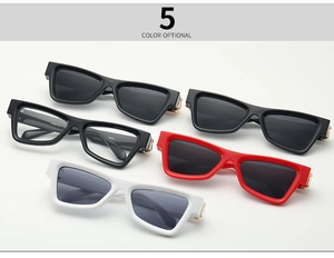 Detail showing five colors of retro cat eye sunglasses with gold metal hinge accents