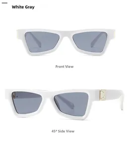 Front and side view of cat eye sunglasses with white frame and gray lenses