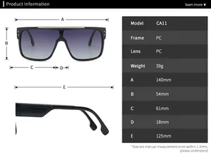 Detailed size specifications and dimensions for flat top oversized mask sunglasses
