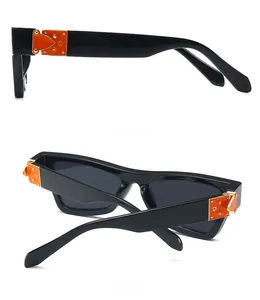 Detail view of vintage cat-eye sunglasses with retro trunk-style hinge and golden rivets