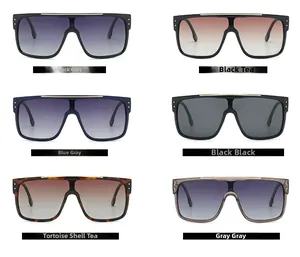 Detailed grid showing six assorted colors of oversized flat top shield sunglasses with gold trim