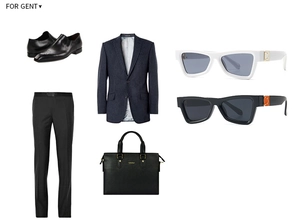 Flat lay of vintage cat eye sunglasses with business suit and leather briefcase