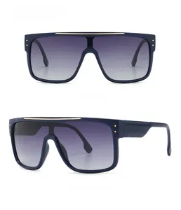 Blue-black oversized polarized sunglasses with matte frame and gold top bar details
