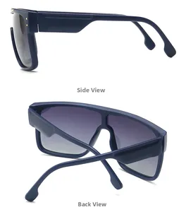 Side and back view of oversized flat top shield sunglasses with gradient lenses