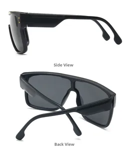 Detailed side and back views of black flat-top oversized polarized shield sunglasses