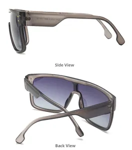 Detail of oversized square flat top sunglasses showing temple markings and CE certification