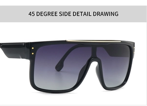 Detail view of large square oversized sunglasses with gradient purple lenses and gold accents