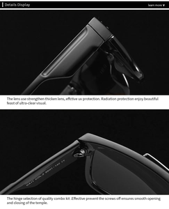 Detail of durable metal hinges and polarized lens on oversized square flat top sunglasses