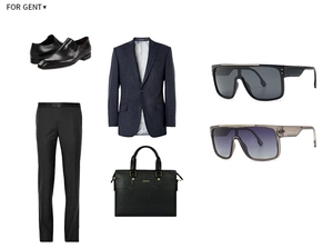 Flat lay of oversized shield sunglasses with business attire and leather accessories