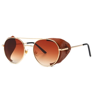 Steampunk round metal sunglasses with brown gradient lenses and crocodile leather shields