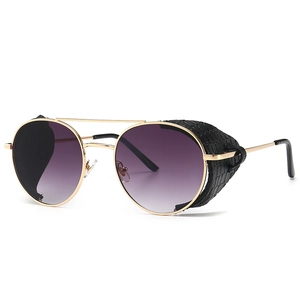 Steampunk round sunglasses with gold metal frame and black faux leather side shields