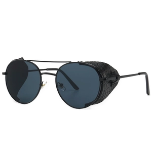 Steampunk round sunglasses with black metal frame and textured leather side shields