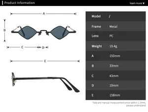 Detailed size chart for retro metal sunglasses with precise dimensions and weight specs