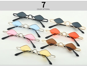 Detailed flat lay of vintage diamond-shaped sunglasses in seven vibrant color options