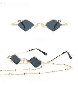 Front and 45-degree side view of gold diamond frame sunglasses with black lenses and chain
