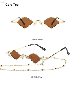 Detail view of gold metal sunglasses with chain and dark tea-colored diamond frames