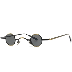Steampunk retro small round sunglasses with vintage metal frame and dark grey lenses