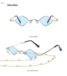 Detail view of rhombic silver frame sunglasses with light blue lenses and gold bead chain