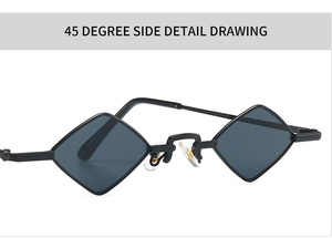 Macro 45-degree side view of black metal diamond sunglasses with intricate embossed hinges