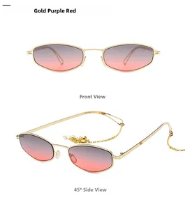 Détail de lunettes hexagonales dorées avec verres dégradés violet-rouge et chaîne de perles