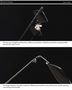 Detail of reinforced UV protection lenses and smooth metal hinge on black sunglasses