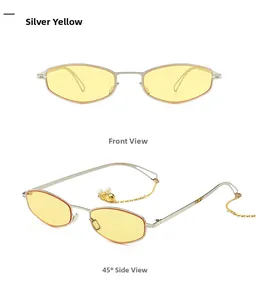 Vue détaillée de lunettes de soleil argentées avec verres jaunes et chaîne perlée
