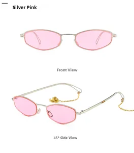Lunettes de soleil rondes argentées avec verres roses et chaîne dorée décorative