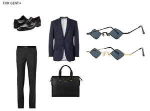 Flat lay of retro round chain sunglasses with men's navy blazer and business accessories
