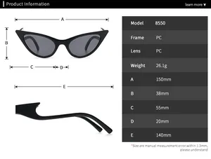Detailed size chart for retro cat-eye sunglasses featuring wave-shaped temples and frame specs