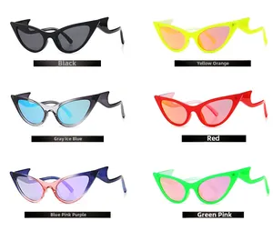 Cat eye sunglasses detail showing unique wavy temples in six vibrant color combinations