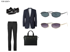 Détail de lunettes aviateur avec costume bleu à rayures et sacoche en cuir pour homme