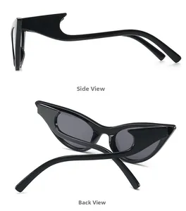 Detailed side and back view of cat eye sunglasses with unique wavy curved temples