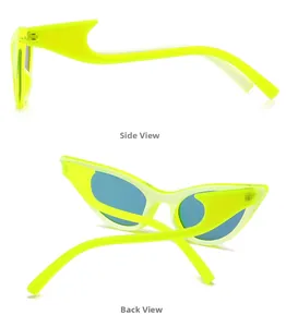 Detail view of neon green cat-eye sunglasses featuring unique wavy curved temples