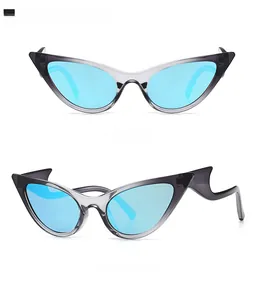 Detail of grey cat-eye sunglasses featuring unique wavy temples and ice blue lenses