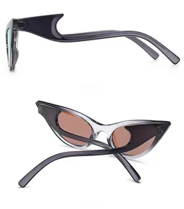 Detailed view of cat eye sunglasses featuring modern wavy purple transparent temples
