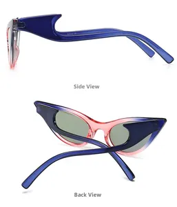 Detail view of cat eye sunglasses showing wavy temples and blue-to-pink gradient frames