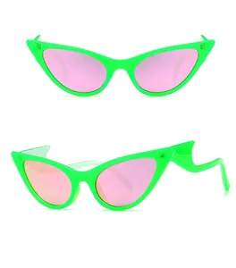 Neon green cat eye sunglasses with wavy temples and pink lenses in front and side view
