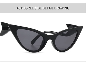 45-degree side view showing wave-shaped temples of vintage black cat-eye sunglasses