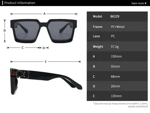 Tableau des tailles pour lunettes de soleil carrées avec dimensions et spécifications