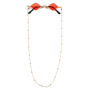 Retro red rhombus sunglasses with gold bead chain strap for a trendy vintage street look