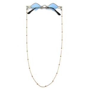 Modern retro sunglasses with diamond-cut blue lenses and a decorative beaded metal chain