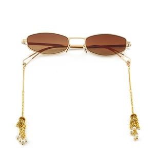Lunettes de soleil rétro hex avec verres teintés et chaîne à pampilles en perles dorées